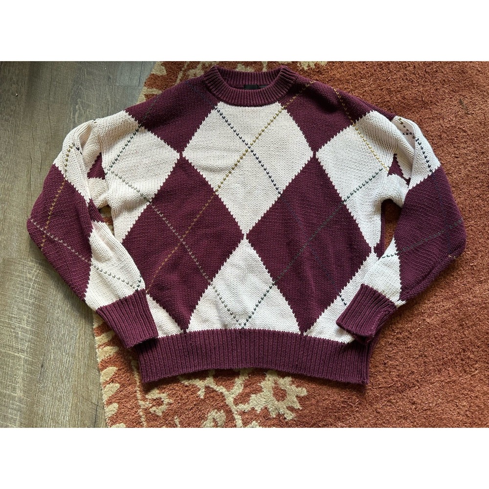 Vintage Structure Men's Argyle Maroon Cream Pullover Sweater‎ XL Extra Large